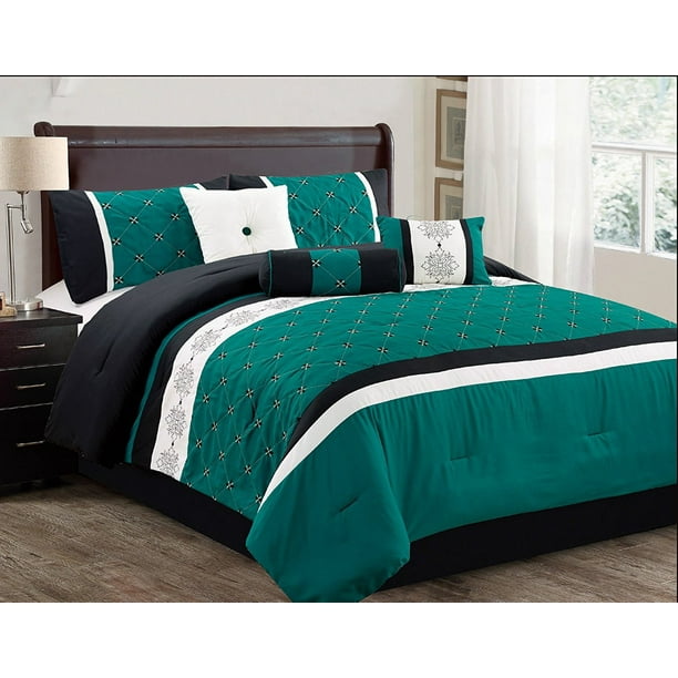 Sabrina 7 Piece Embroidered Comforter, Teal And Black Queen Bedding