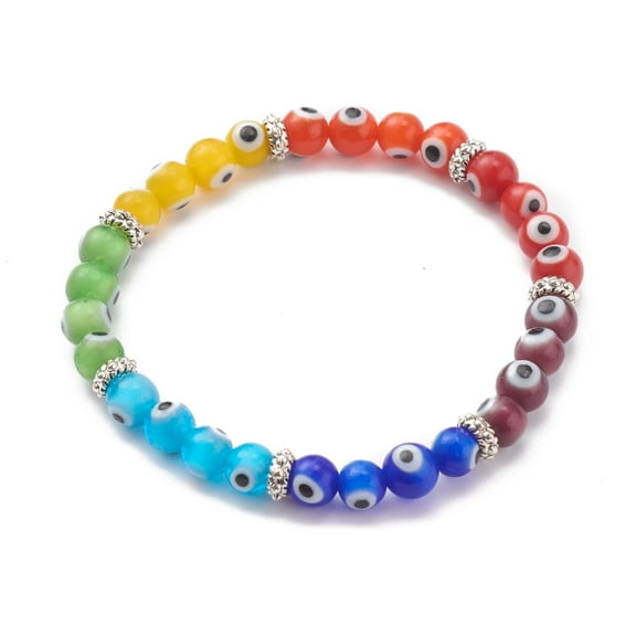 1pc Rainbow Round Evil Eye Lampwork Stretch Beaded Bracelets for Kids with Alloy Spacer Beads Antique Silver Inner Diameter: 1-7/8 inch