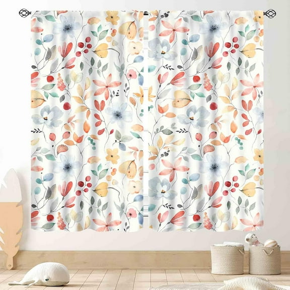 Floral Kitchen Curtains, Spring Flower Watercolor Floral Print Farmhouse Window Treatments Country Plants Botanical Blackout Drapes for Bedroom Living Room Kids Room 2 Panel Sets, 42"x54" Inch
