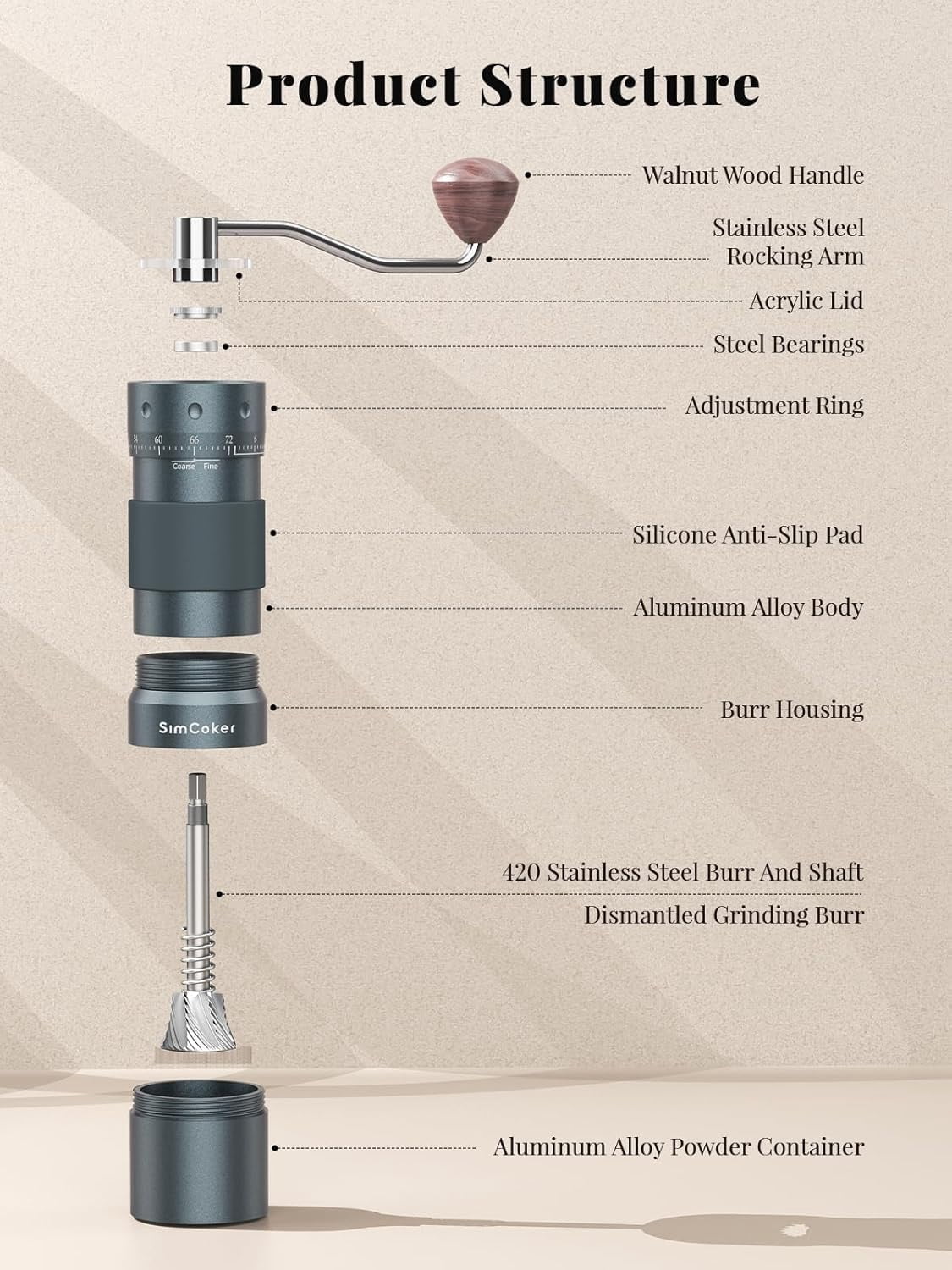 Manual Coffee Grinder with 16μm External Adjustment, Precision Espresso & Pour Over, CNC Stainless Steel Conical Burr, Drill-Compatible Aluminum Body, Portable
