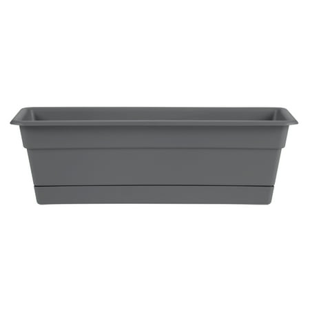 Bloem Dura Cotta Window Box Planter W/Tray 36 x 5.75 Plastic Rectangle Charcoal Gray DURA COTTA COLLECTION by Bloem: The Bloem Dura Cotta Rectangular Window Box Planter provides your plants with a healthy environment. Made with plastic  its construction enables long lasting utility. You can use this widow box in your garden to plant herbs  tomatoes  onions or peppers. The Dura Cotta Rectangular Window Box Planter by Bloem is rectangular in shape and allows excessive water to drain. Includes attached drainage tray. It is from the Dura Cotta collection and keeps your plants fresh. This window box is designed for maximum usage and is perfect for outdoor spaces. Color Gray Shape Rectangle Material Plastic Resin. High-Density Polyethylene (HDPE) #2 & Polypropylene (PP) #5.