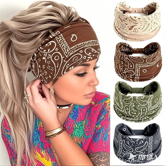 SCHUHLAND 4-Pack Bohemian Yoga Wide Headbands for Women, Elastic Tie-Dye & Ethnic Print Sweatband, Non-Slip Turban Hair Accessories for Fitness