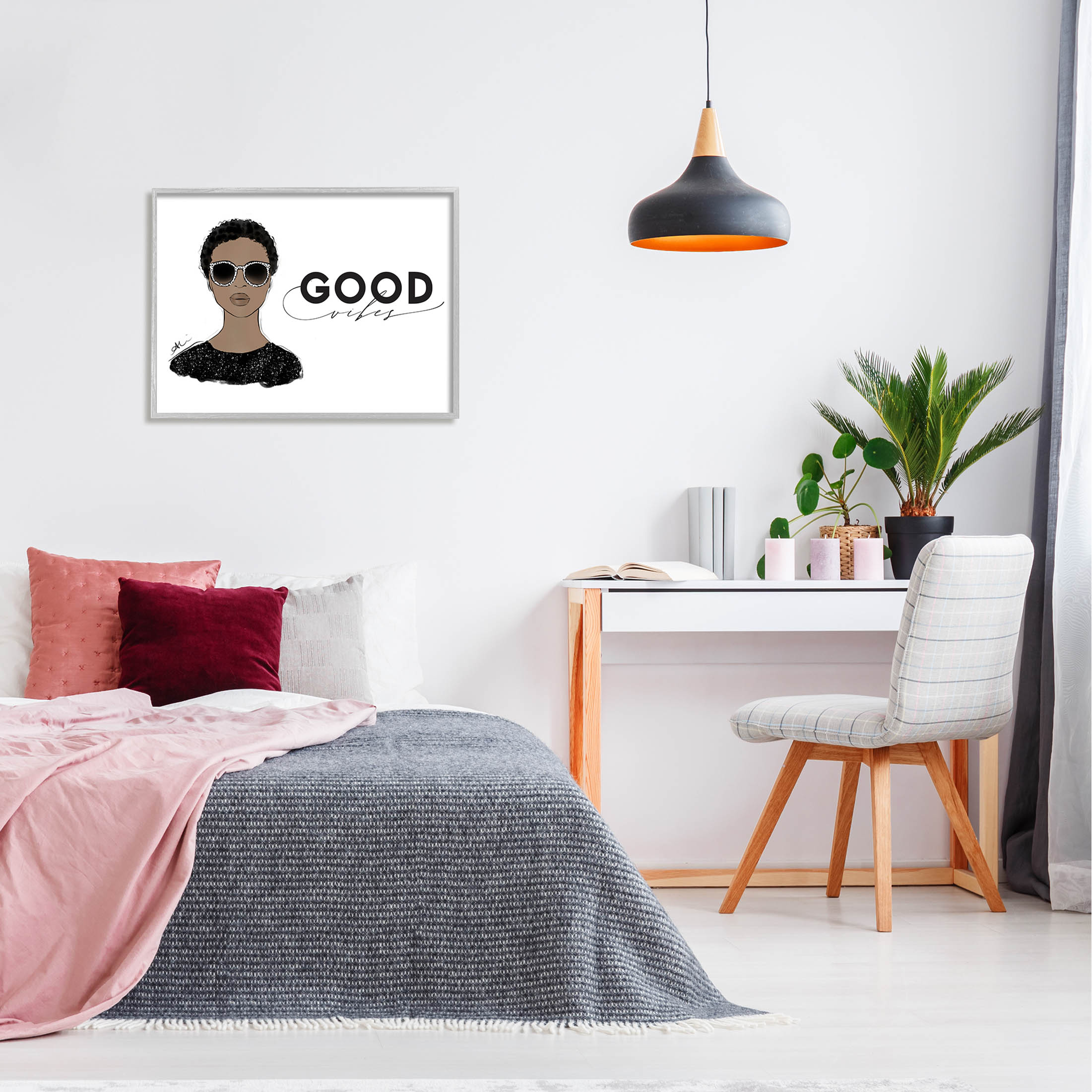 Stupell Industries Good Vibes Glam Portrait Graphic Art Gray Framed Art Print Wall Art, Design by Alison Petrie