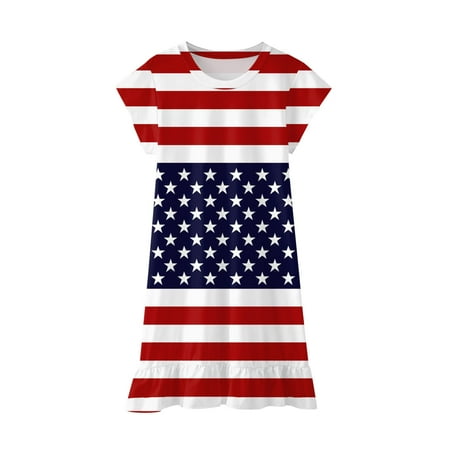 

ZCFZJW Summer Short Sleeve Toddler Kids Baby Girls Independence Day Holiday Dress Trendy Summer Tie Dye Striped Stars USA Flag Pattern Graphic Tshirt Dress Beach Sundresses #04-Navy 12-13Years