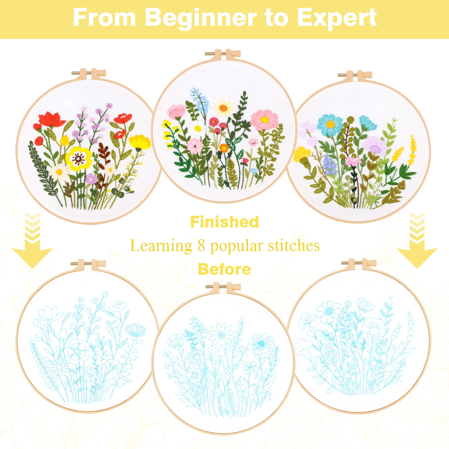 RidaaFri 3 Sets Floral Embroidery Kit Beginners, DIY Adults Craft Set, Step-by-Step Guide Video