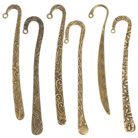 12Pcs Hook Bookmarks Bulk Tibetan Style Bronze Bookmark Hooks Blanks Flower Carved Hairpin Stripe Metal Book Marks Double Sided Vintage Bookmarks