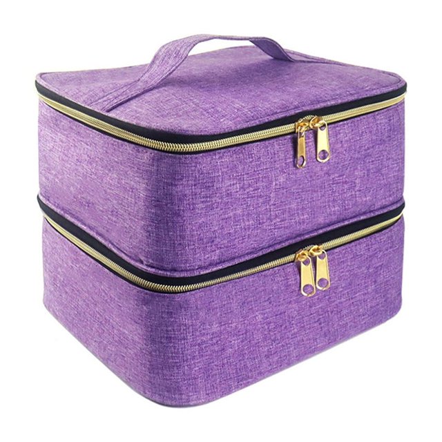 Estante de almacenamiento de esmalte de uñas morado, caja de viaje de maquillaje de uñas de doble capa, bolsa de almacenamiento de esmalte de uñas con aceite esencial, bolsa de viaje para cosméticos