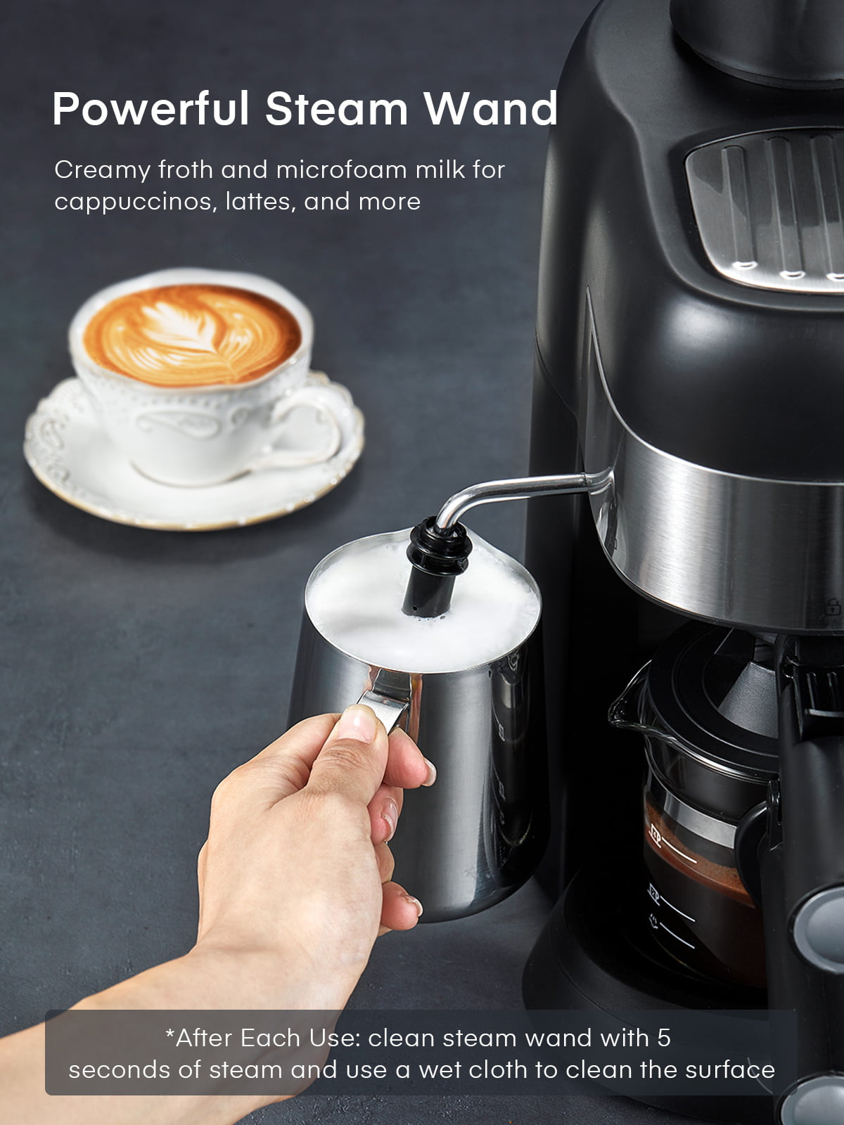 SHARDOR Espresso Machine, Cappuccino Latte Espresso Maker with Steam Milk  Frother, 5-Bar 4-Cup Small Coffee Maker for Home, Black