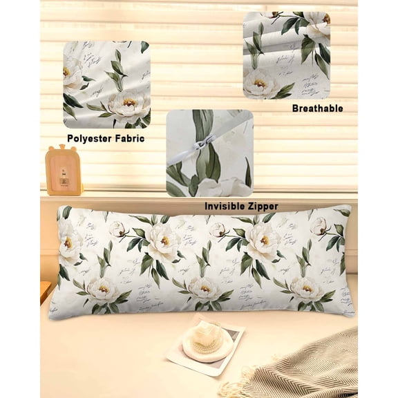 Vintage Floral Spring Throw Pillow Covers, Farmhouse Botanical White Flowers Soft Breathable Pillow Cases with Zipper for Sleeping, Long Body Pillowcases for Couch Bed Sofa Chair 20x54 Inches