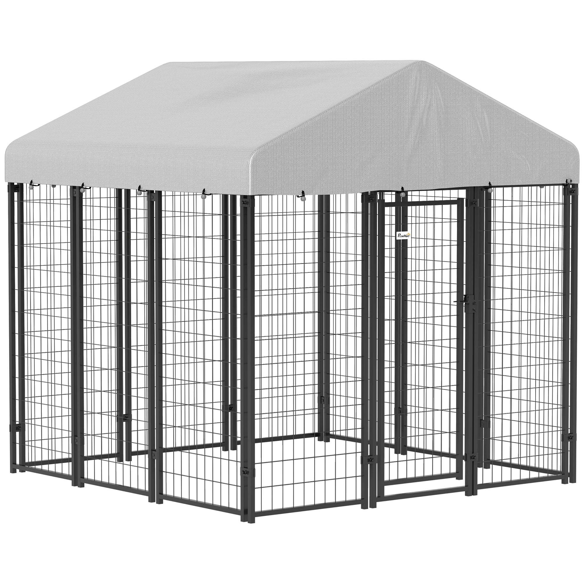 PawHut Outdoor Dog Kennel with Roof, Welded Wire Dog Playpen Enclosure with Escape-proof Lock, UV-Resistant & Waterproof Cover, 6' x 6' x 6', Silver