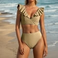 thumbnail image 2 of XMMSWDLA Girls Swimsuit Women'S High Waisted Solid V-Neck Ruffle Sleeve Tight Fitting Gathering Swimsuit Split Set Micro Bikini, 2 of 7
