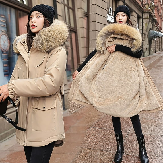 LoyisViDion Coat Women'S Winter Thickening and Velvet Keeping Warm Casual Coat with Hat Khaki 4(M)