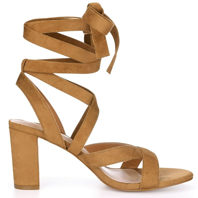 BLISSFUL STEP Sandales à Talon Épais pour Femmes à Bout Ouvert, à Brides Croisées et à Lacets