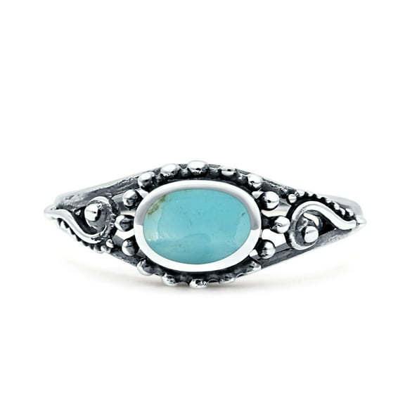 Petite Dainty Vintage Style Oval Fashion Turquoise Ring Band 925 Sterling Silver Size 4