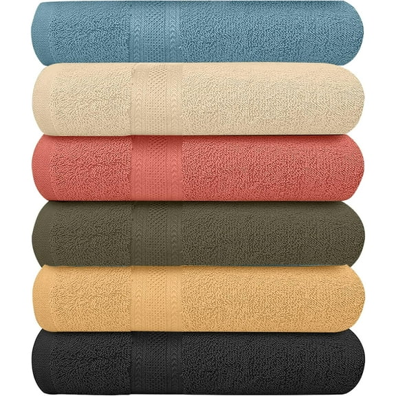 6-pack bath towel set of 2, 100% cotton, larger and lighter, dries faster, super soft and absorbent, perfect for the bathroom (multi-color