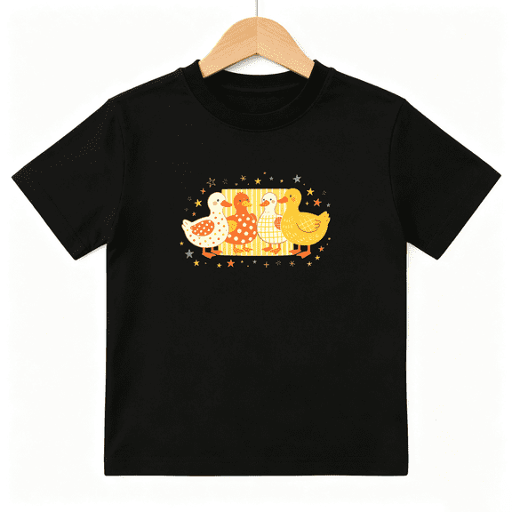 Four Cute Yellow Ducks Girls Graphic Tee, Retro Polka Dot Birds 100% Cotton Kids Short Sleeve T-Shirt