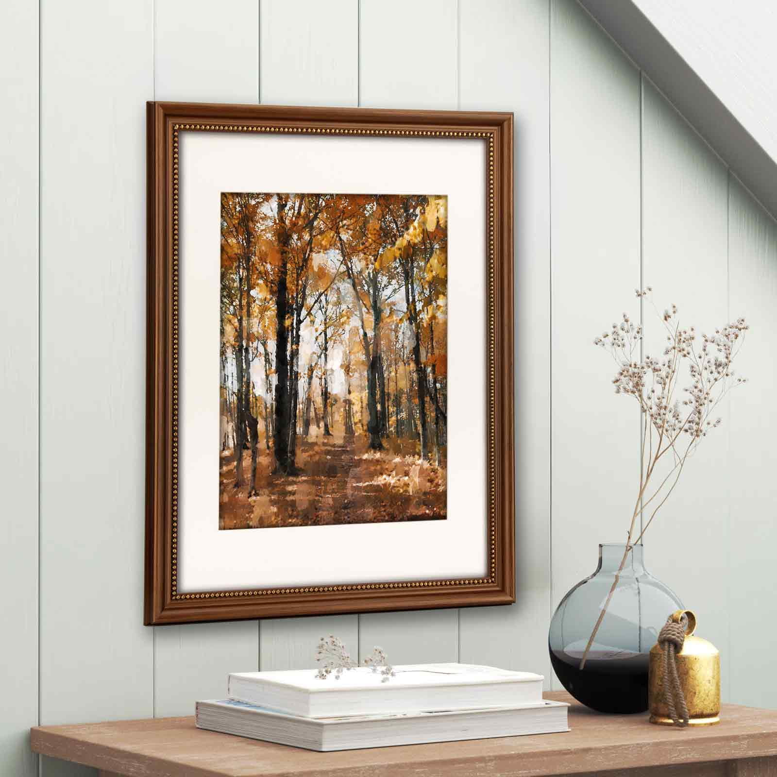 12x16 in Wood Classic Gallery Poster Picture Frame, Gold Ornate Beaded Inner, Matted for 9x12 Photo, Multiple Way Display, Brushed Brown Brass