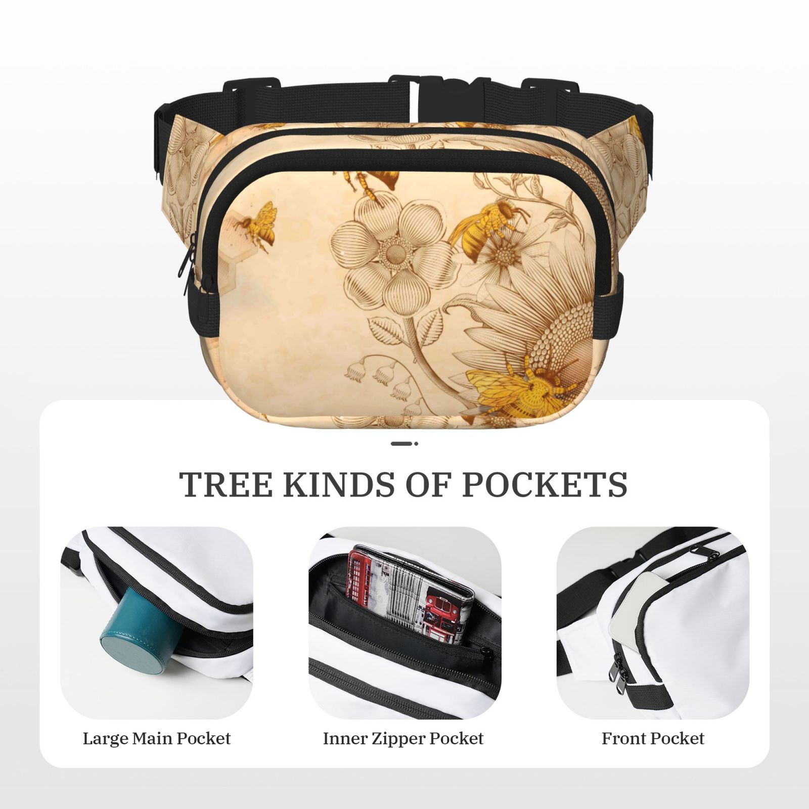 Kuqiui Retro Honey Bees Print Fanny Packs for Women Cross Body Waist Bag Fashionable Fanny Pack Designer Workout Hiking Waist Pack Running Travel Gym