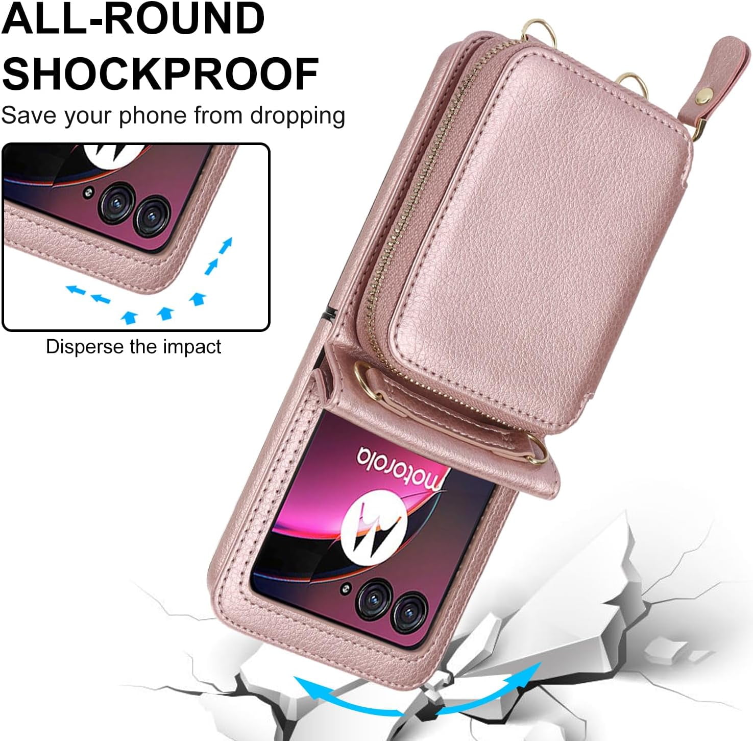 for Motorola Moto Razr+ 2023 Wallet Case with RFID Blocking, Moto Razr Plus Phone Case Crossbody Strap Card Holder Women Girls PU Leather Motorola Razr+ 2023 Wallet Phone Case Rosegold