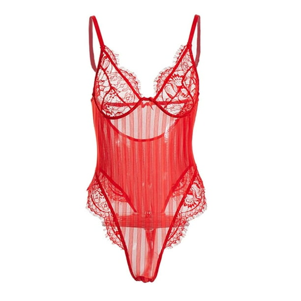 Lencería sexy de encaje estilo babydoll, leotardo de una pieza con escote en V profundo, body transparente L