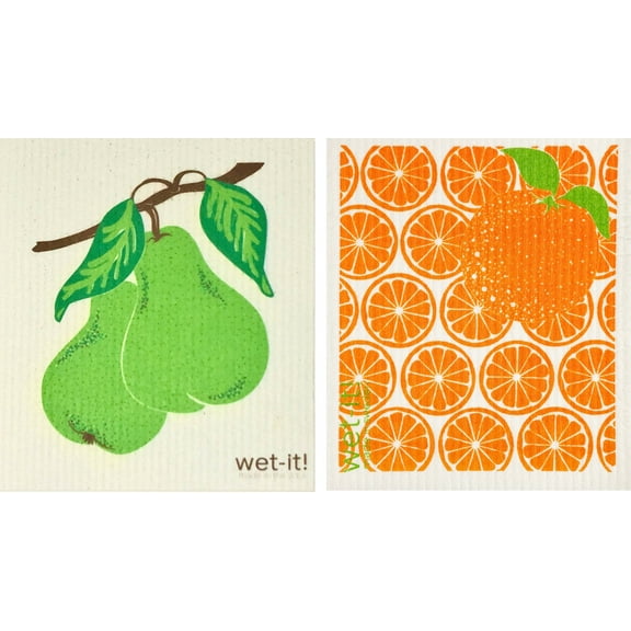 Wet-It! Swedish Treasures Dishcloth and Cleaning Cloth - Set of 2 - Fruits Series (Bartlett Pear & Oranges)