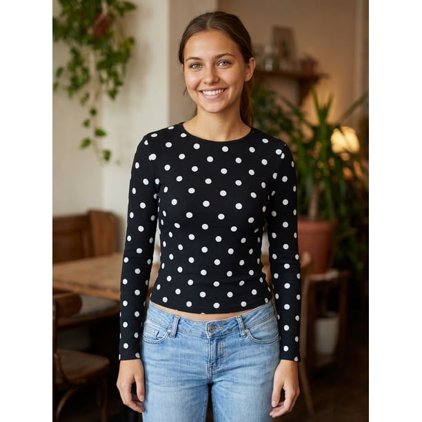 Blusas de mujer de otoño, manga larga, cuello redondo, estampado de lunares, estilo casual y corte ajustado, ideales para salir.
