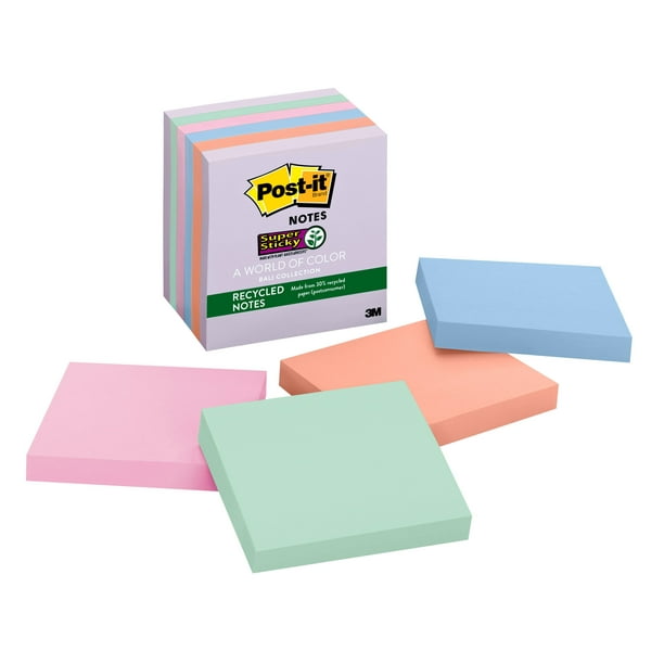 Postit Recycled Super Sticky Notes, 3" x 3", Bali Collection, 6 Pads