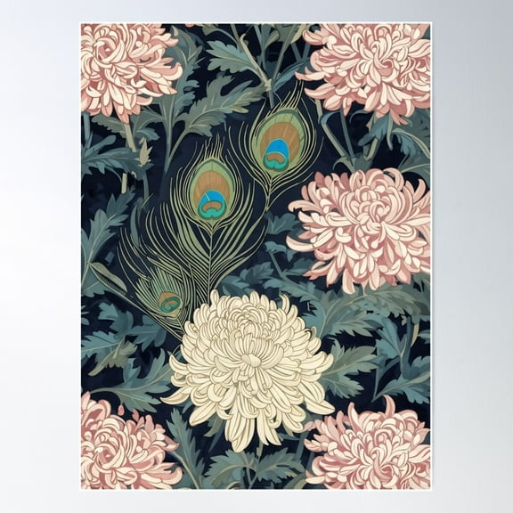 Chrysanthemums And Peacock Feathers Poster Wall Art, Modern Wall Decor For Living Room Bedroom, 8x12 UNFRAMED