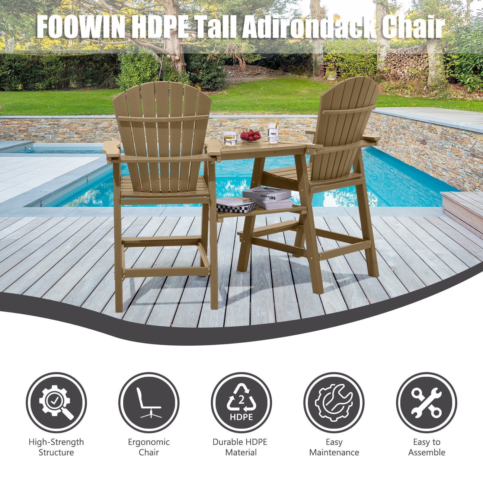 Tall Adirondack Chairs Set of 2，Outdoor Adirondack Barstools with Double Connecting Tray Patio Stools Weather Resistant for Outdoor Deck Lawn Pool Backyard, Brown