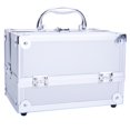 thumbnail image 1 of Makeup Train Case with Lock and Mirror, Portable Aluminum Cosmetic Organizer Box 2 Trays (Silver), 1 of 9