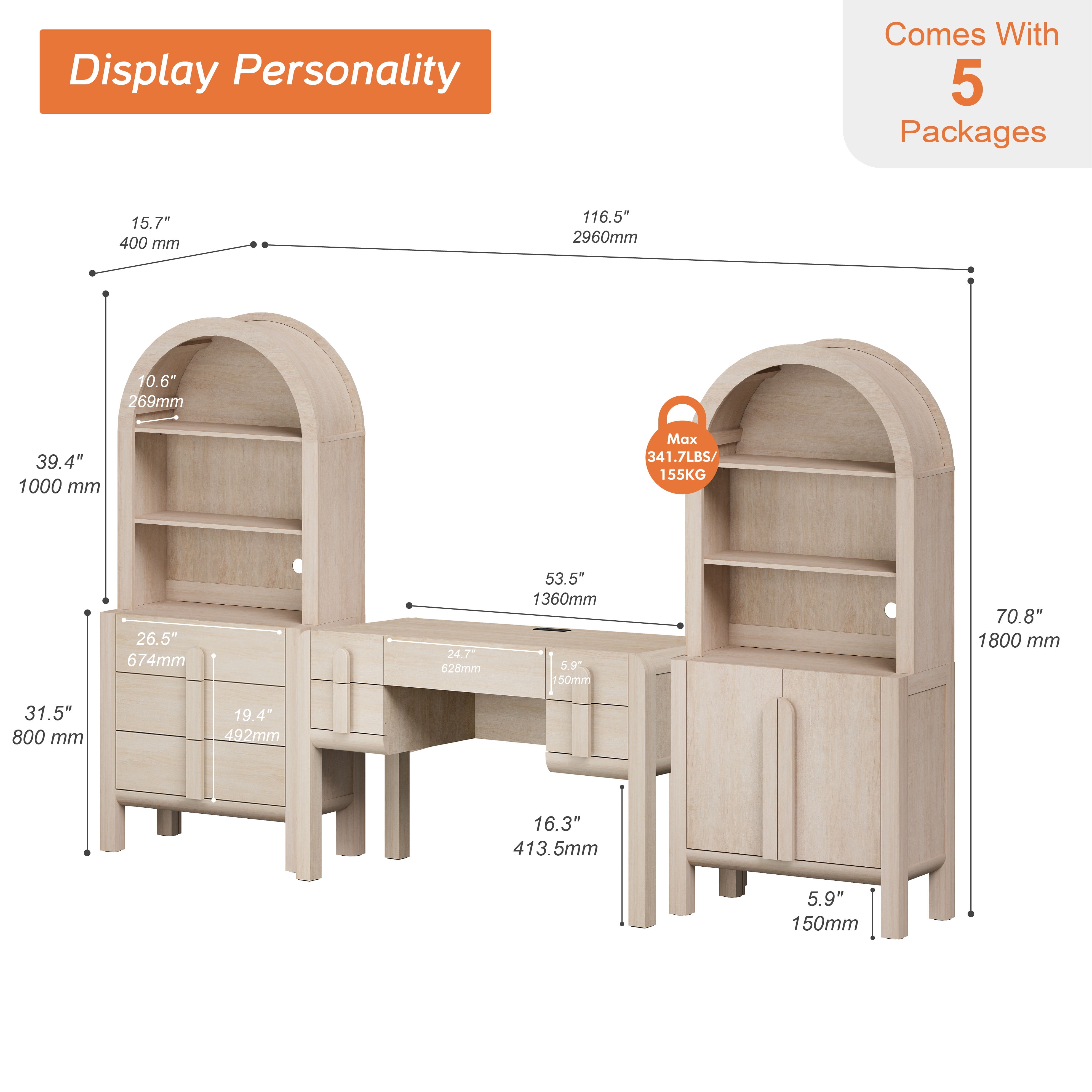 Home Office Set, 53.5" Modern Executive Desk with Charging Station and Drawers & 2 Piece 71"H Tall 3-Tier Arched Bookcases with Open Storage for Living Room, Bedroom, Home Office