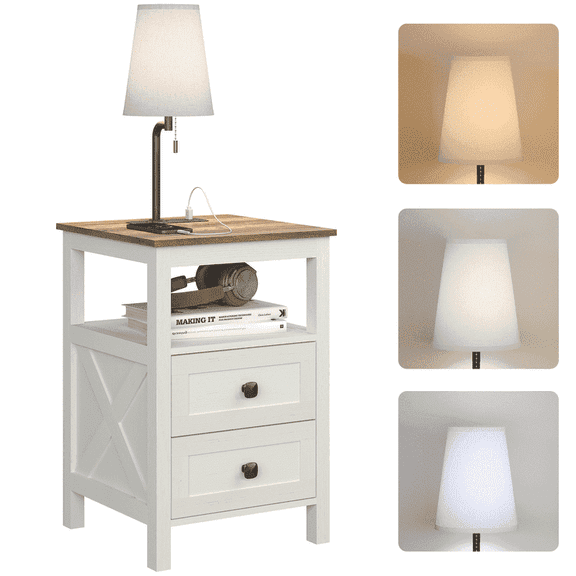 WOPITUES Farmhouse USB Port and 2 Wooden Drawers Wood End Table, Brown / Rustic Brown / White