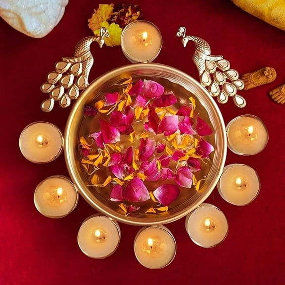 Urli Bowl for Decoration with 8 Attached Oil Diya's (Metal, 25 cm x 5 cm) - Decoration Items for Living Room Uruli Bowls Aesthetic Decorative Items for Home Décor