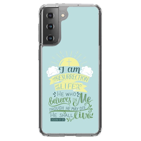 DistinctInk Clear Shockproof Hybrid Case for Galaxy S21  PLUS 5G (6.7" Screen) - TPU Bumper, Acrylic Back, Tempered Glass Screen Protector - John 11:25 - I am the Resurrection and the Life