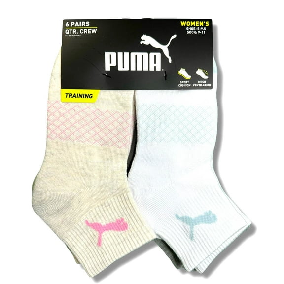 PUMA SOCKS WOMEN'S - QUARTER CUT 253 - NET CREAM WHITE - SHOE SZ 5-9.5 - PACK 6