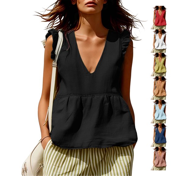 TGSLY Women's Linen Deep V-Neck Tank Tops Dressy Casual Ruffle Detail Solid Color Sleeveless Vest Lightweight Soft Elastic Waist Tshirts L