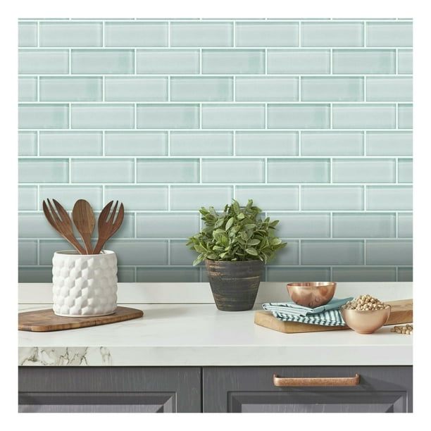 RoomMates Aqua Seaglass Subway Peel and Stick Backsplash Tiles