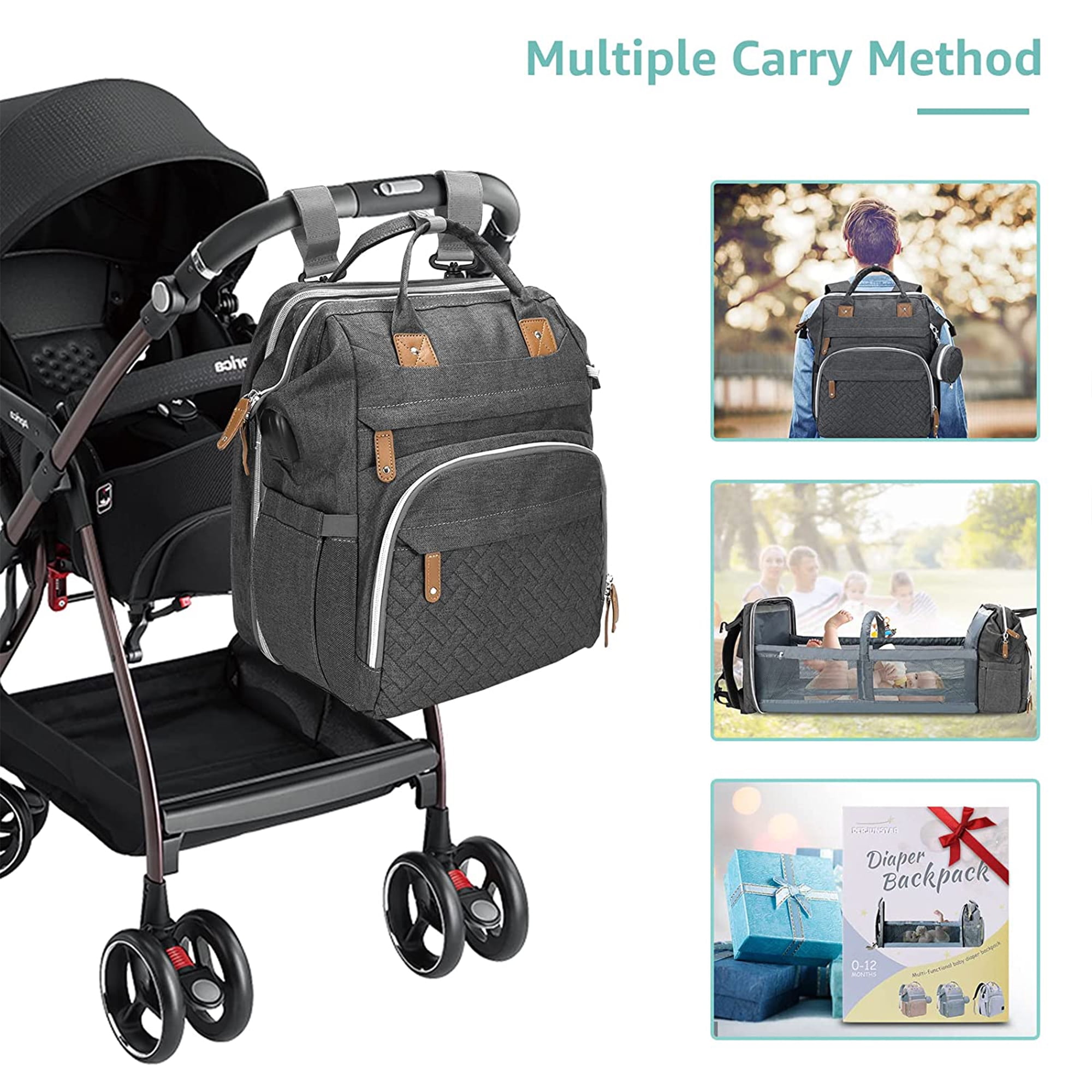 DERSTUEWE Baby Diaper Bag Backpack with Changing Station, Multifunctional Waterproof Portable Baby Bag for Travel, Dark Grey
