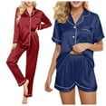 thumbnail image 2 of Couples Pajamas Sets Women & Men Satin Short Sleeve Sleepwear Button Down Loungewear Pjs Set with Pants, 2 of 4