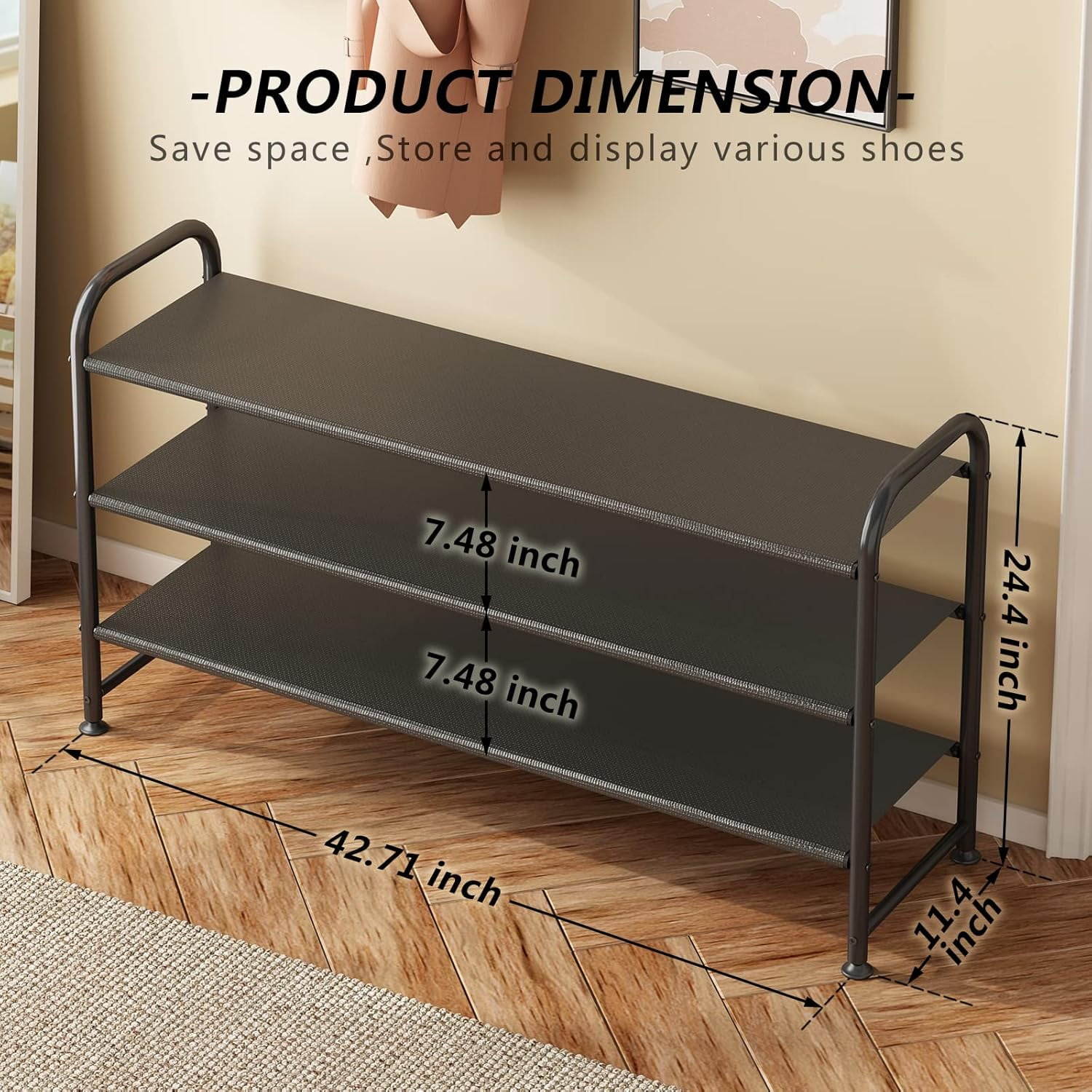 Seamika 3-Tier Shoe Rack Organizer, Metal Shoe Storage Wide Shelf with Non-woven Fabrics for Close Entryway,Black