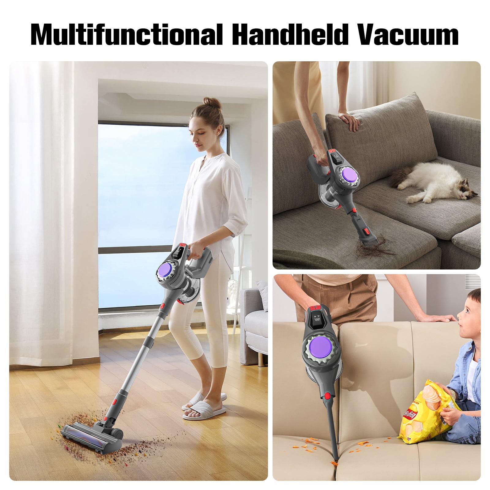 HOOFUN Cordless Vacuum Cleaner, 50mins Runtime, Powerful Stick Vacuum 6*2600mah Rechargeable Cordless Vacuum for Carpet, Tile, Pet Hair, Hardwood Floors, Silver gray