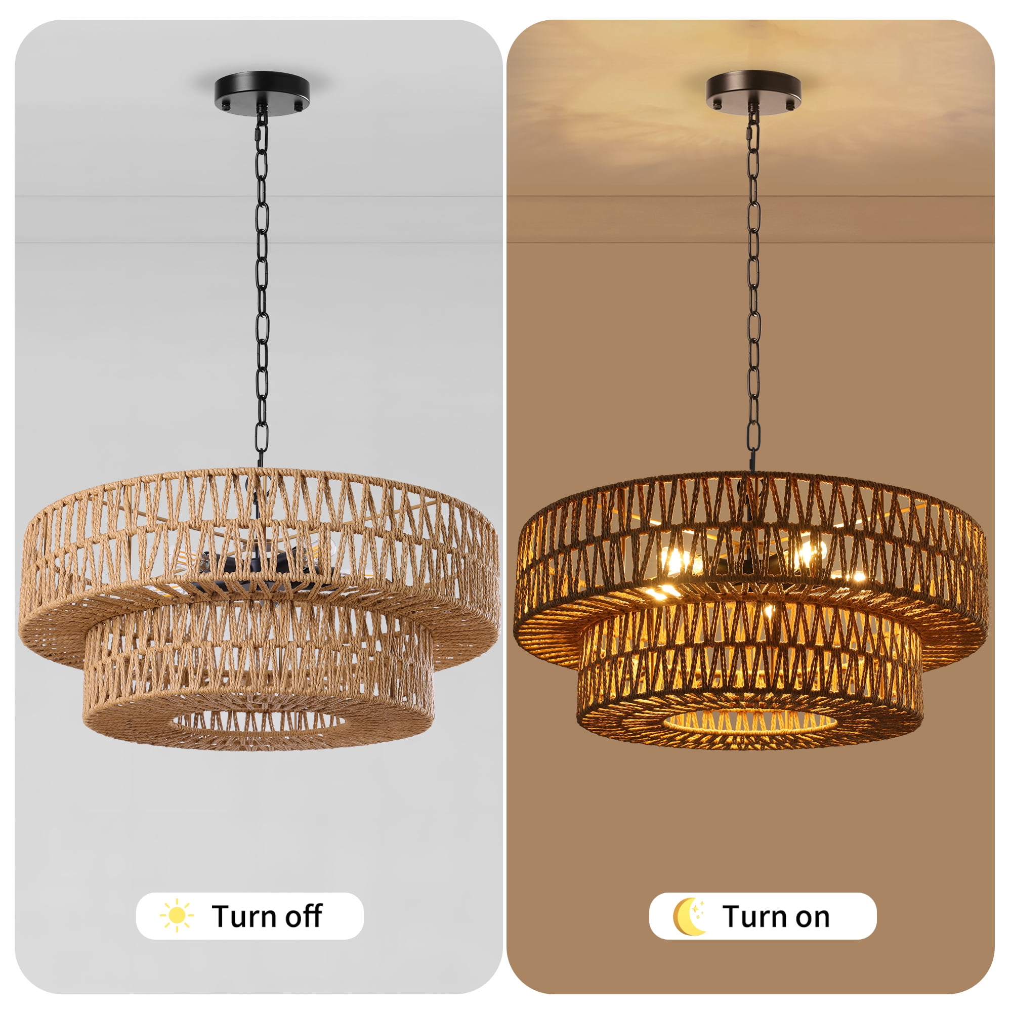 22"Farmhouse Hand-Woven Rattan Chandeliers for Dining Room 5-Light Boho Chandelier with Hand Woven Wicker Shade 3-Tier Large Rattan Pendant Lights Ceiling Hanging Lighting Kitchen Island