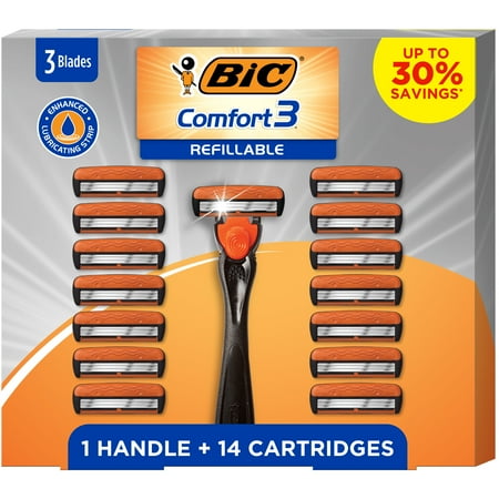 BIC Comfort 3 Refillable Men's Razors, 3-Blade Razors, 1 Handle and 14 Cartridges, 15-Piece Gift Set for Him