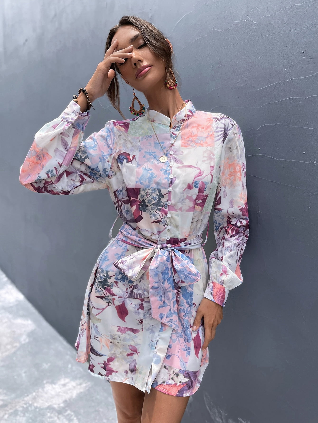 Women's Floral Button Front Belted 