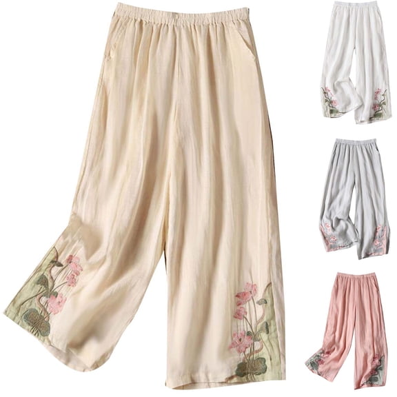 WRKEKC Wide Leg Pants for Women Spring Summer Casual Loose Fit Cotton Linen Blend Embroidery Ankle Length Comfortable Everyday
