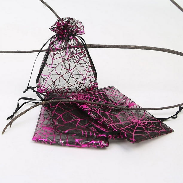 Xiao Hua 50 bolsas de organza para Halloween, 3,93 x 5,9 pulgadas, con estampado de telaraña, con cordón, pequeñas bolsas de regalo - Estilo B