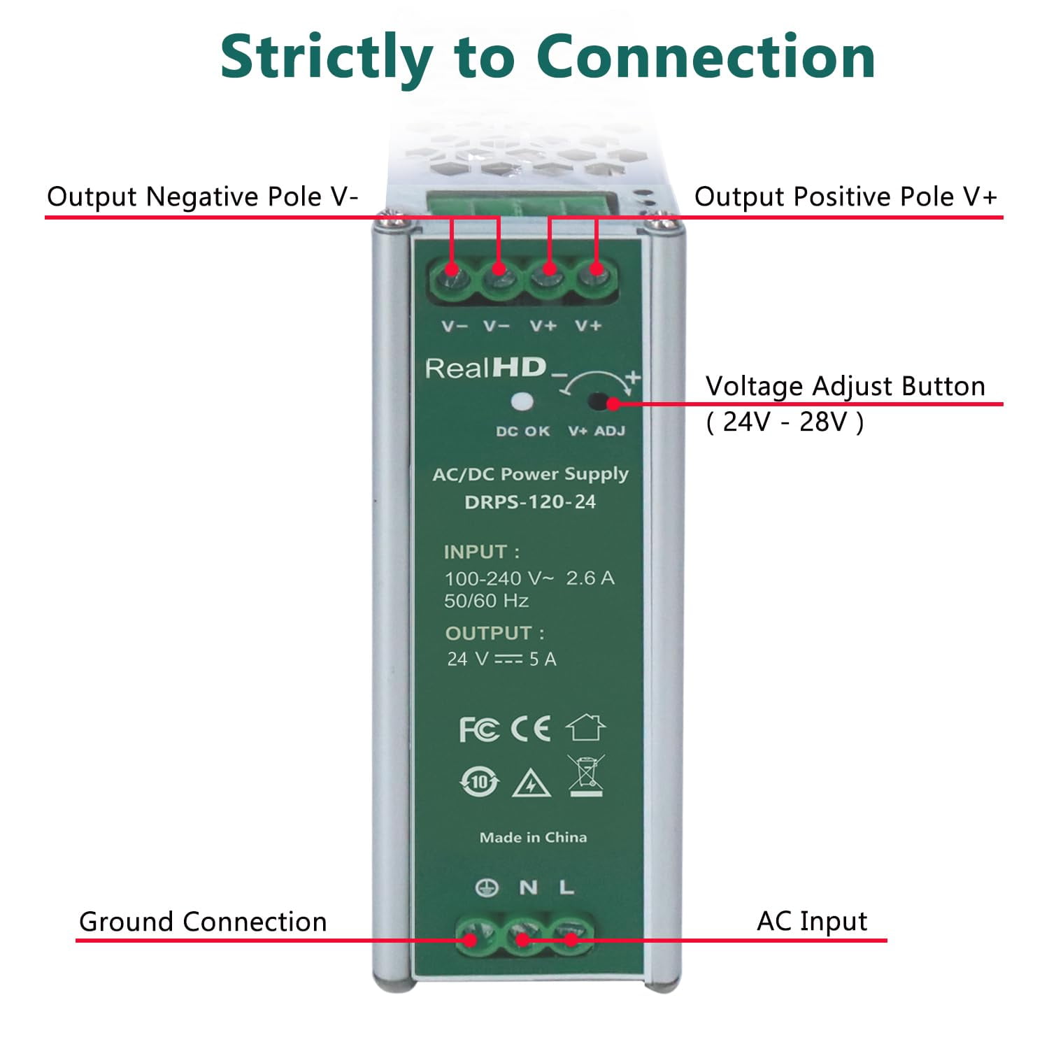 120 Watts 24VDC 5Amp Industrial DIN Rail Power Supply Single Output (24V 120W), Size 1.7 x 4.8 x 5.1inch