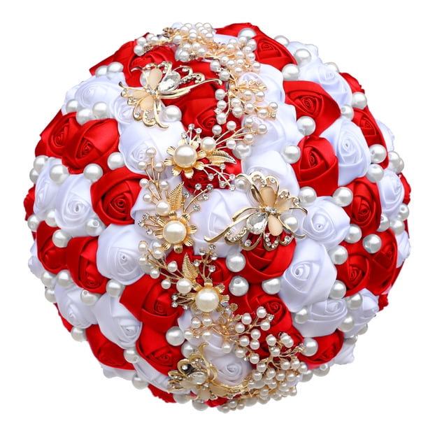 Nvzi Ramo de novia hecho a mano con rosas de satén, ramo de novia redondo, ramo de flores artificiales, rojo