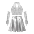 thumbnail image 4 of YiZYiF Girls 4pcs Jazz Dance Set Sequins Crop Top with Ruffle Skirt & Gloves Shiny Latin Cha Cha Dance Outfits Silver 6, 4 of 8