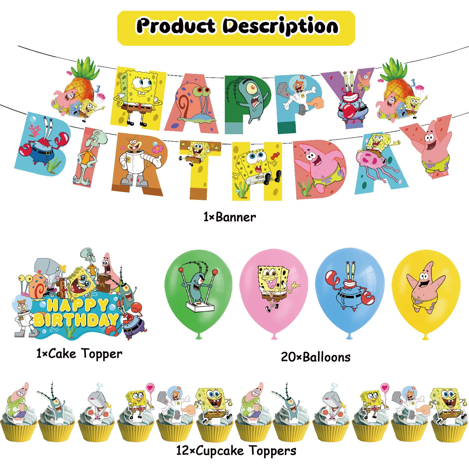 34 PCS For Spongebob Cartoon Theme Party Decorations Set,With 1 Happy Birthday Banner,20 Balloons,13 Cupcake Toppers Balloons,for Boy Girls Party Supplies Set